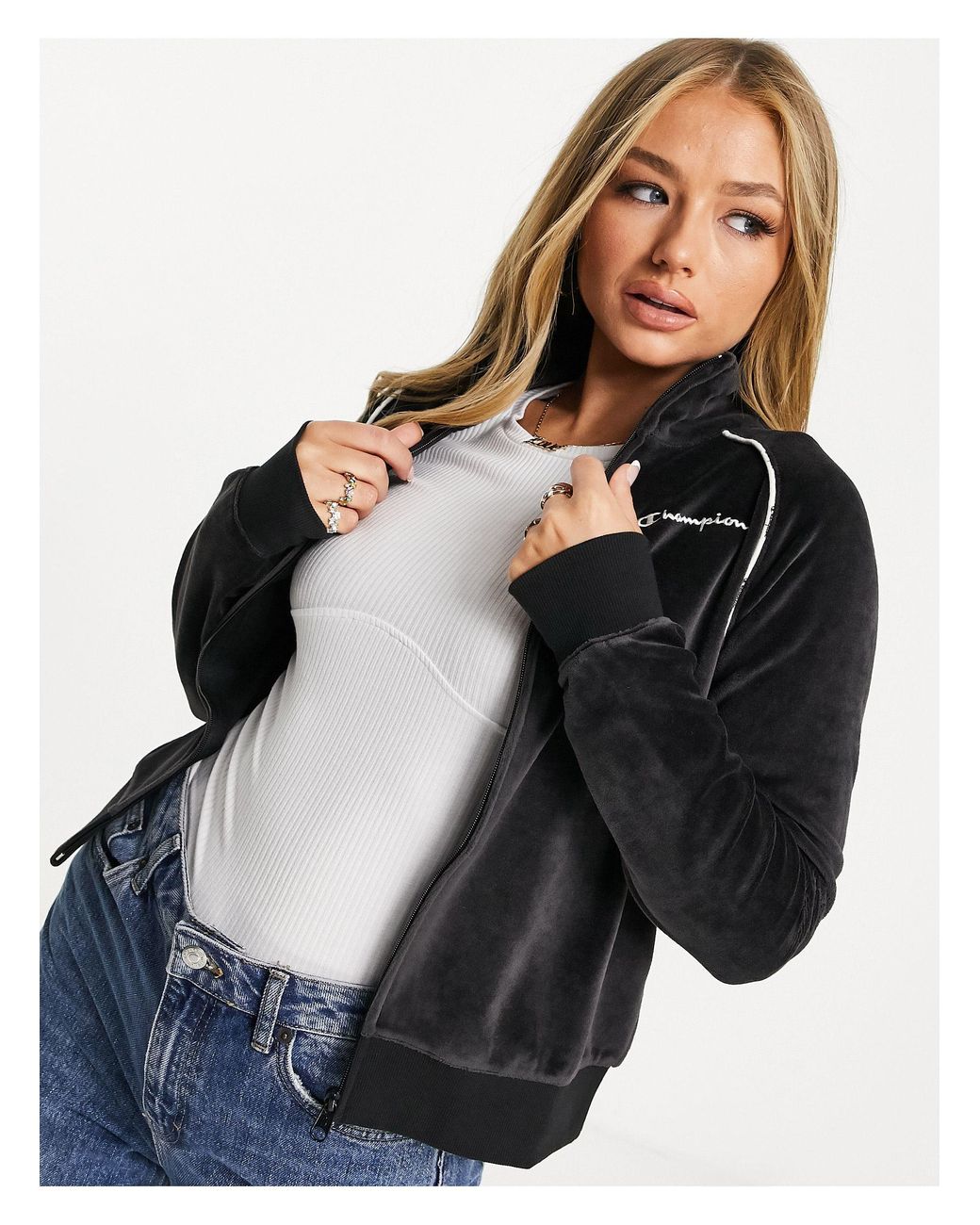 Champion Velour Tracksuit Top in Black Lyst Australia
