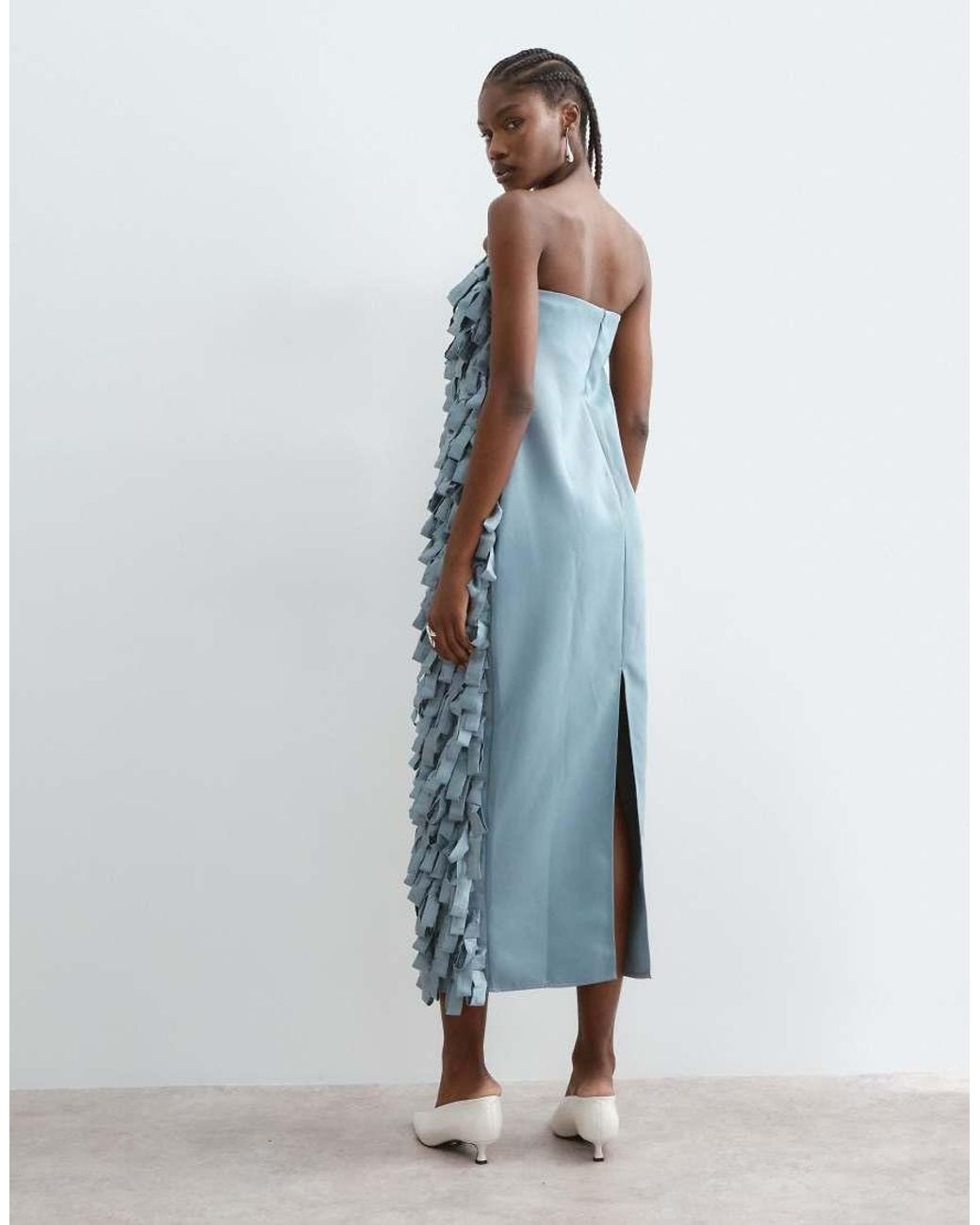 ARRANGE Blue Textural Satin Loop Bandeau Cocoon Midaxi Dress