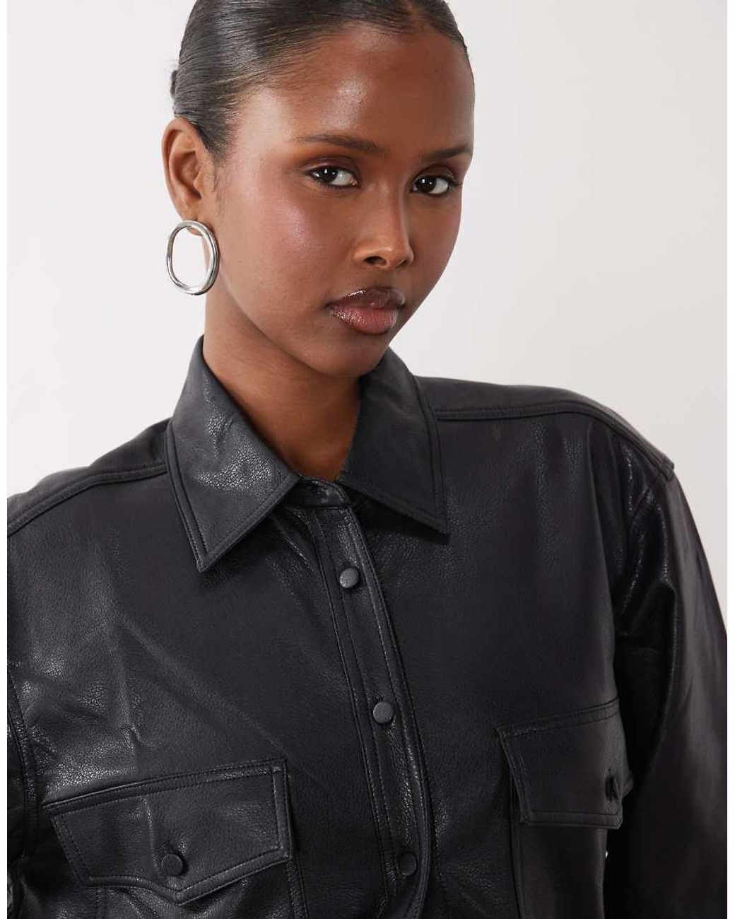 GOOD AMERICAN Blue Faux Leather Shirt