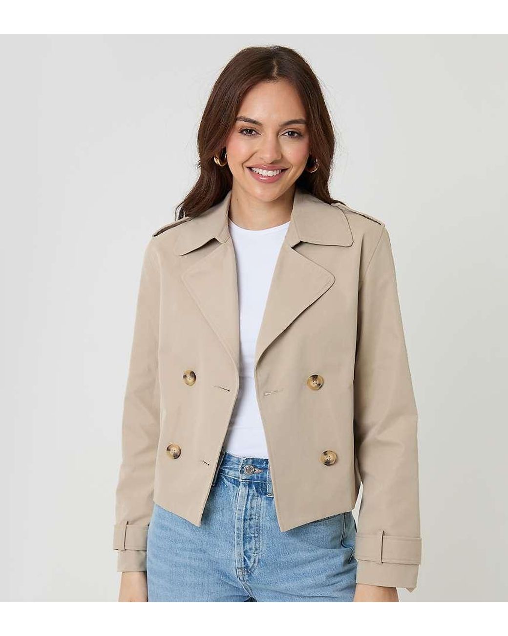 Threadbare Natural Petite Double Breasted Cropped Trench Coat