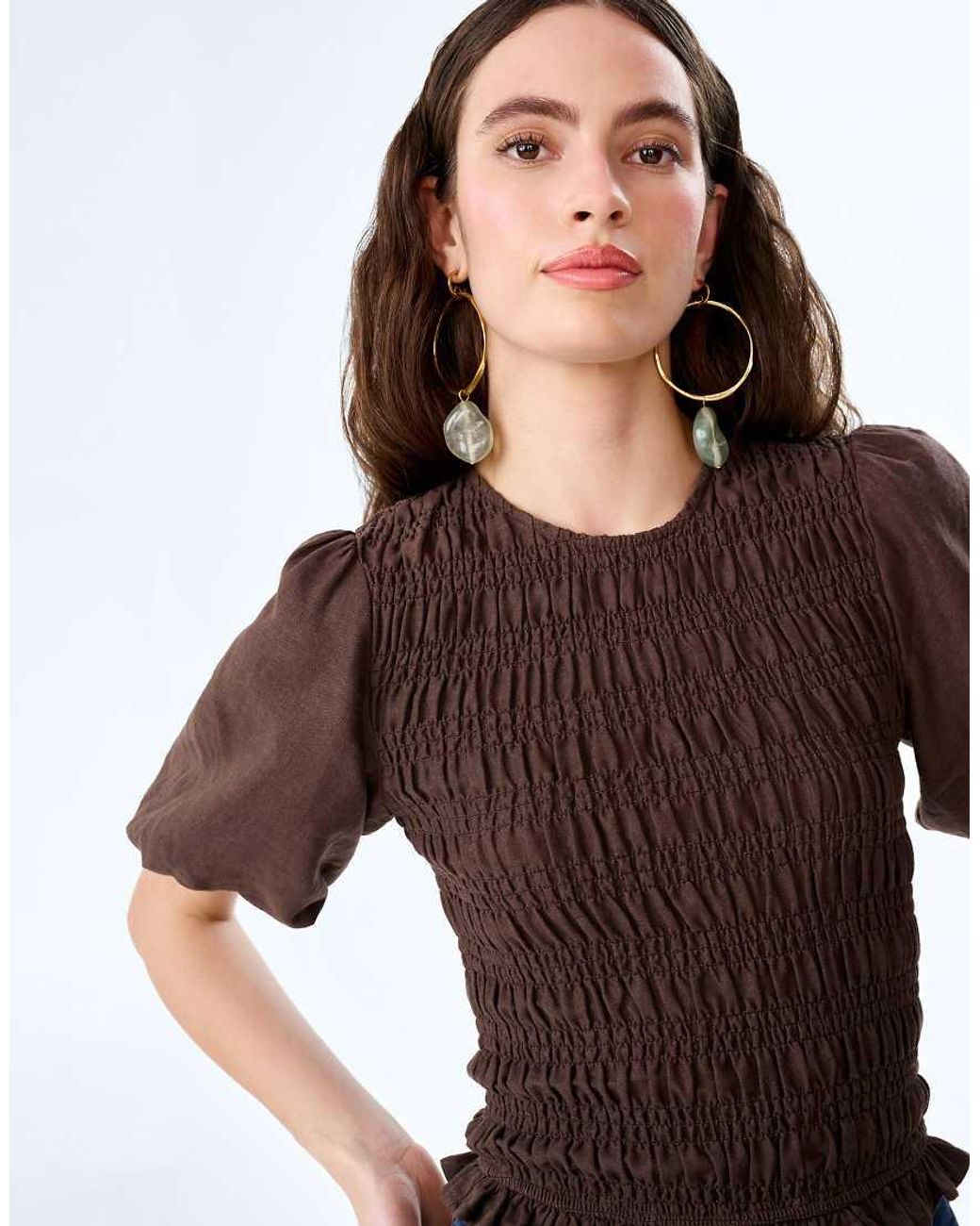 OMNES Blue Tops Nicola Shirred Linen Short Sleeve Top
