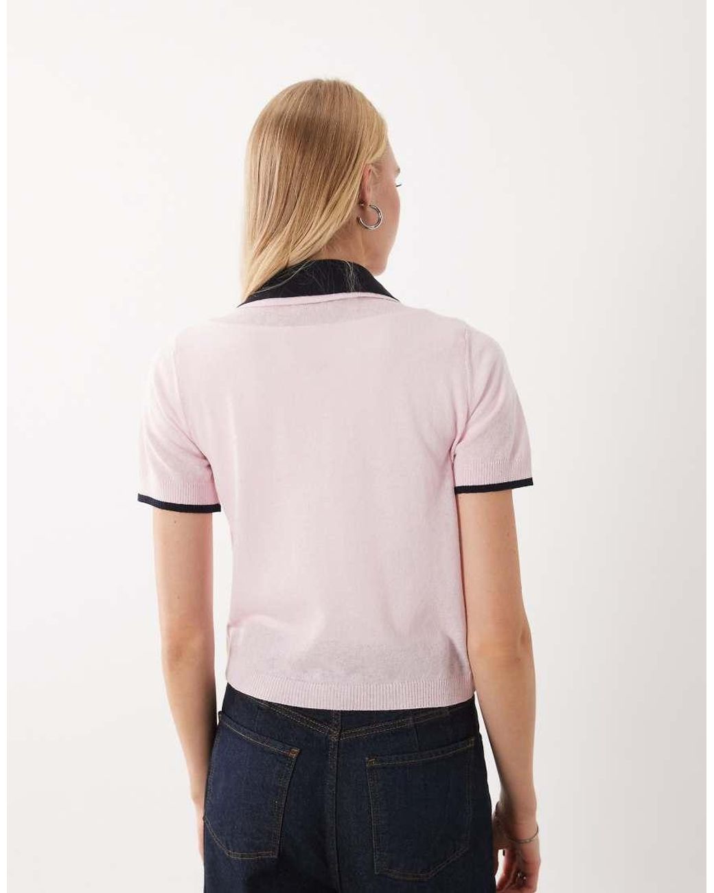 Mango Pink Knit Short Sleeve Polo Top With Contrast Trim