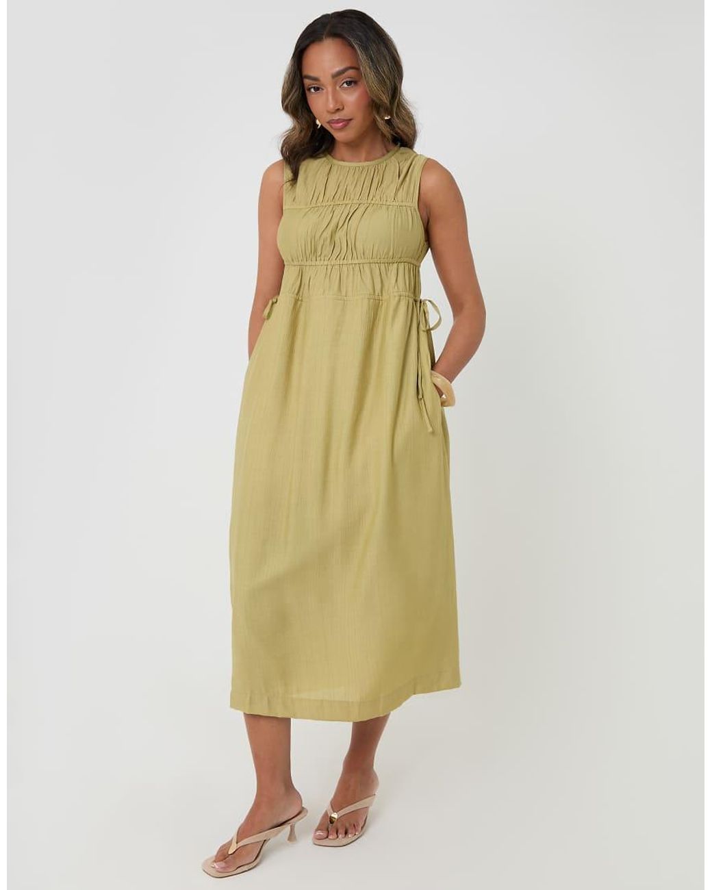 Threadbare Green Ruched Drawstring Midi Dress