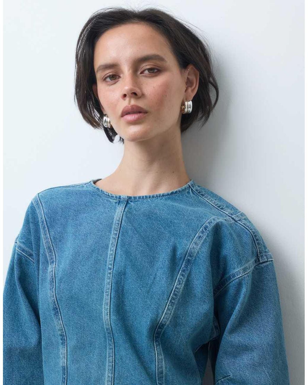 ASOS Blue Denim Seamed Long Sleeve Mini Dress