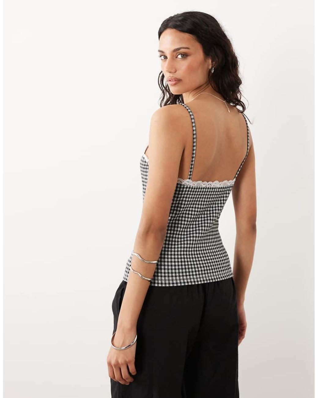 Miss Selfridge Black Gingham Cami Top With Lace Trim Co-ord