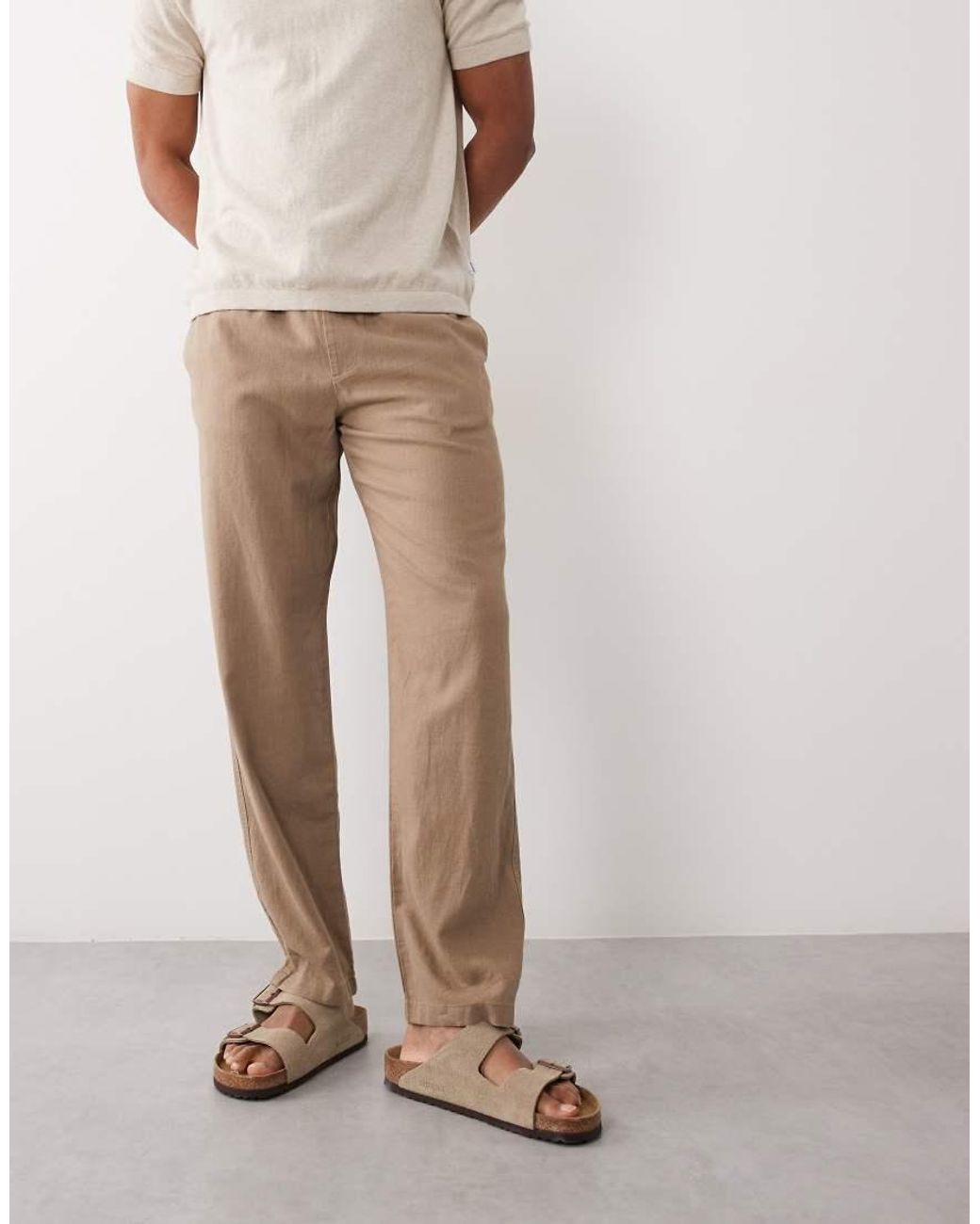 Threadbare Natural Pull On Linen Look Straight Fit Trousers for men