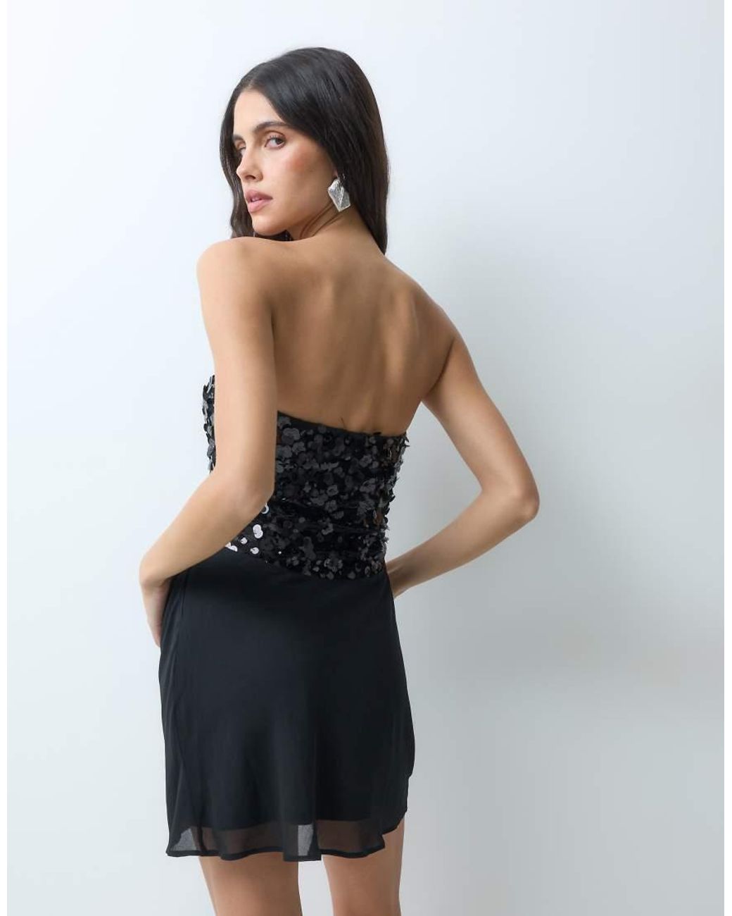 TFNC London Black Floral Sequin Bandeau Mini Dress With Chiffon Drape Detail
