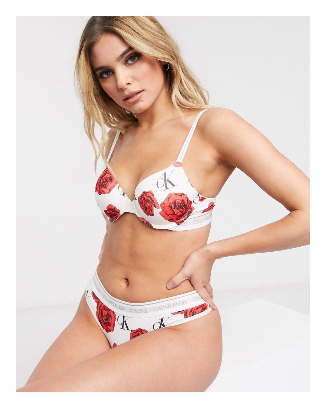 Calvin Klein Ck One Cotton Lightly Lined Floral Roses Bra in White