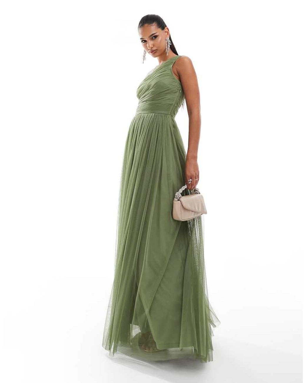 LACE & BEADS Green Bridesmaid One Shoulder Tulle Maxi Dress