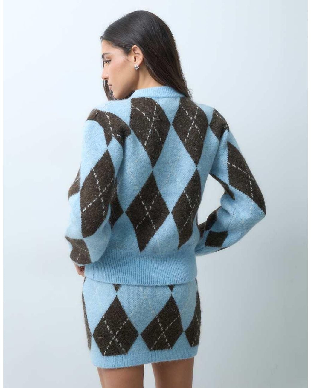 Gina Tricot Blue Knitted Argyle Cardi Co-ord
