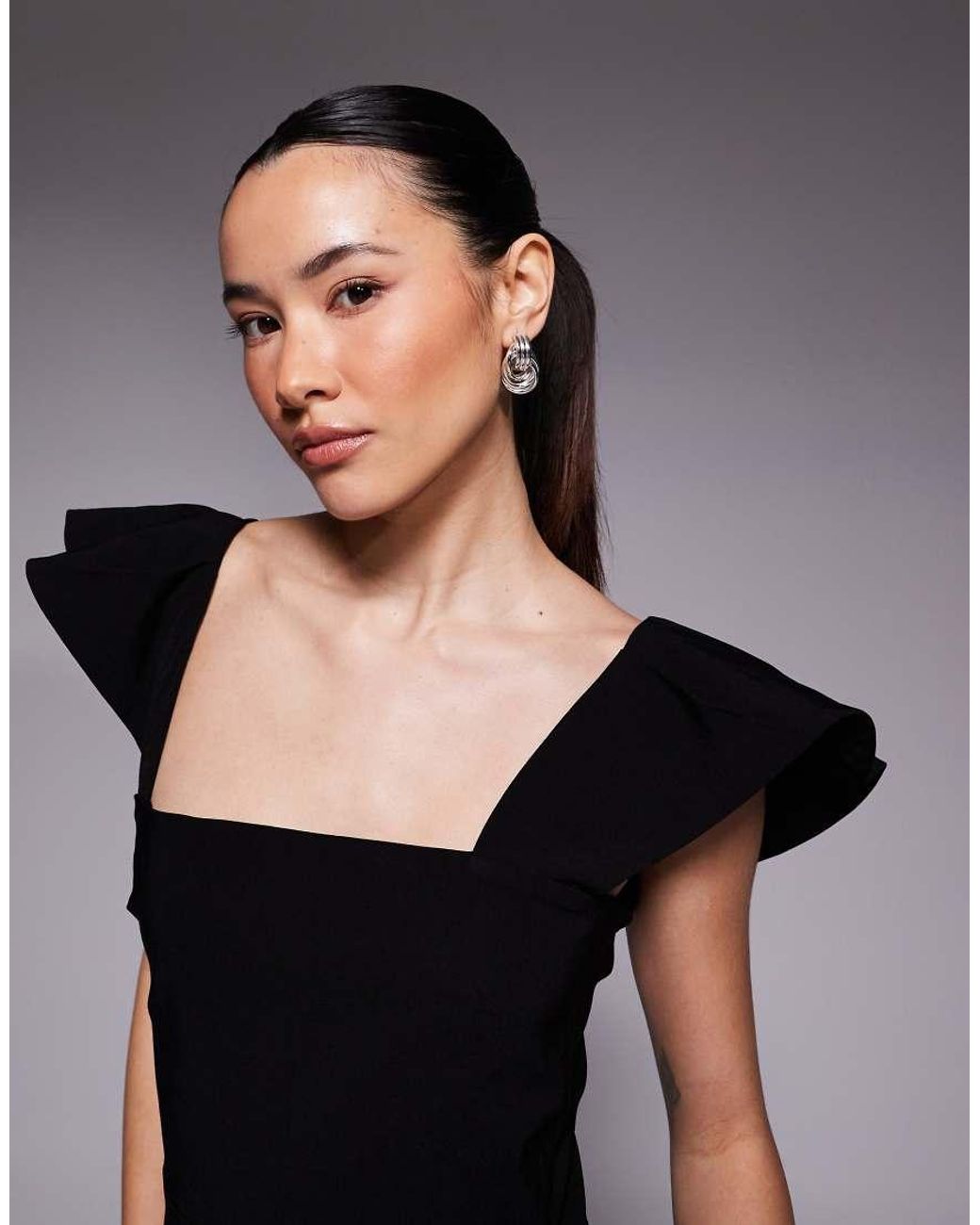 Vesper Petite Black Bengaline Square Neck Ruffle Sleeve Side Split Midaxi Dress