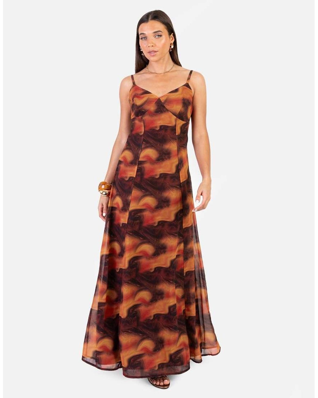 ANAYA Red Fire Marble Print Cami Shift Maxi Dress