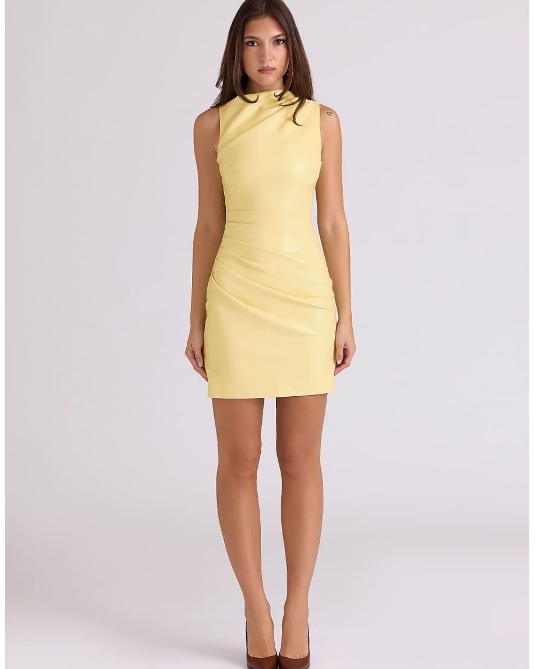 House Of Cb Yellow Maya Butter Vegan Leather Mini Dress