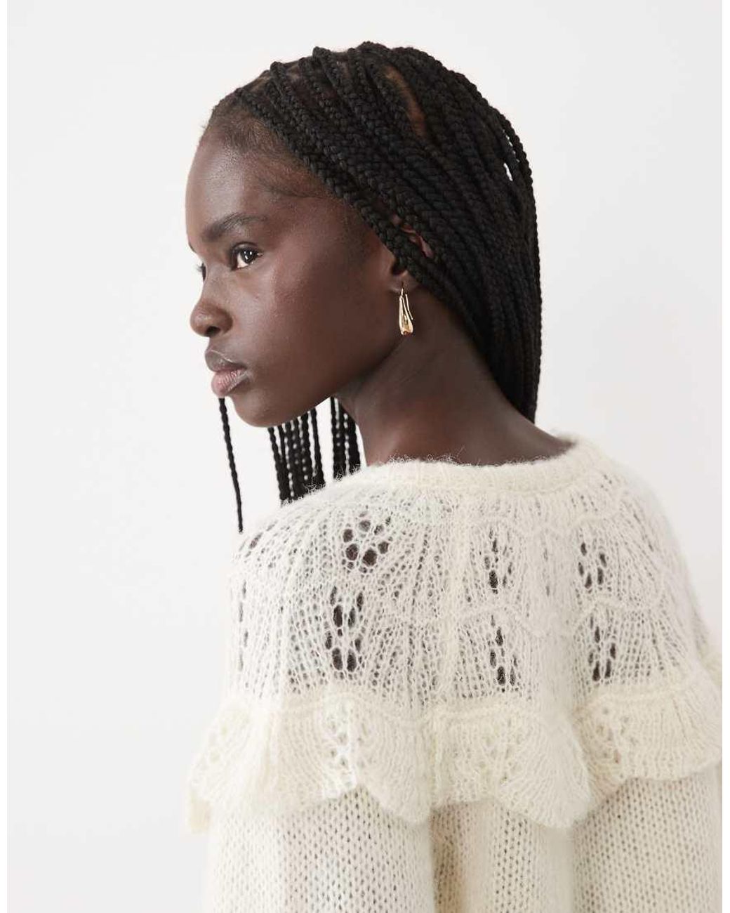 Vila White Drop Shoulder Frill Trim Soft Knitted Jumper