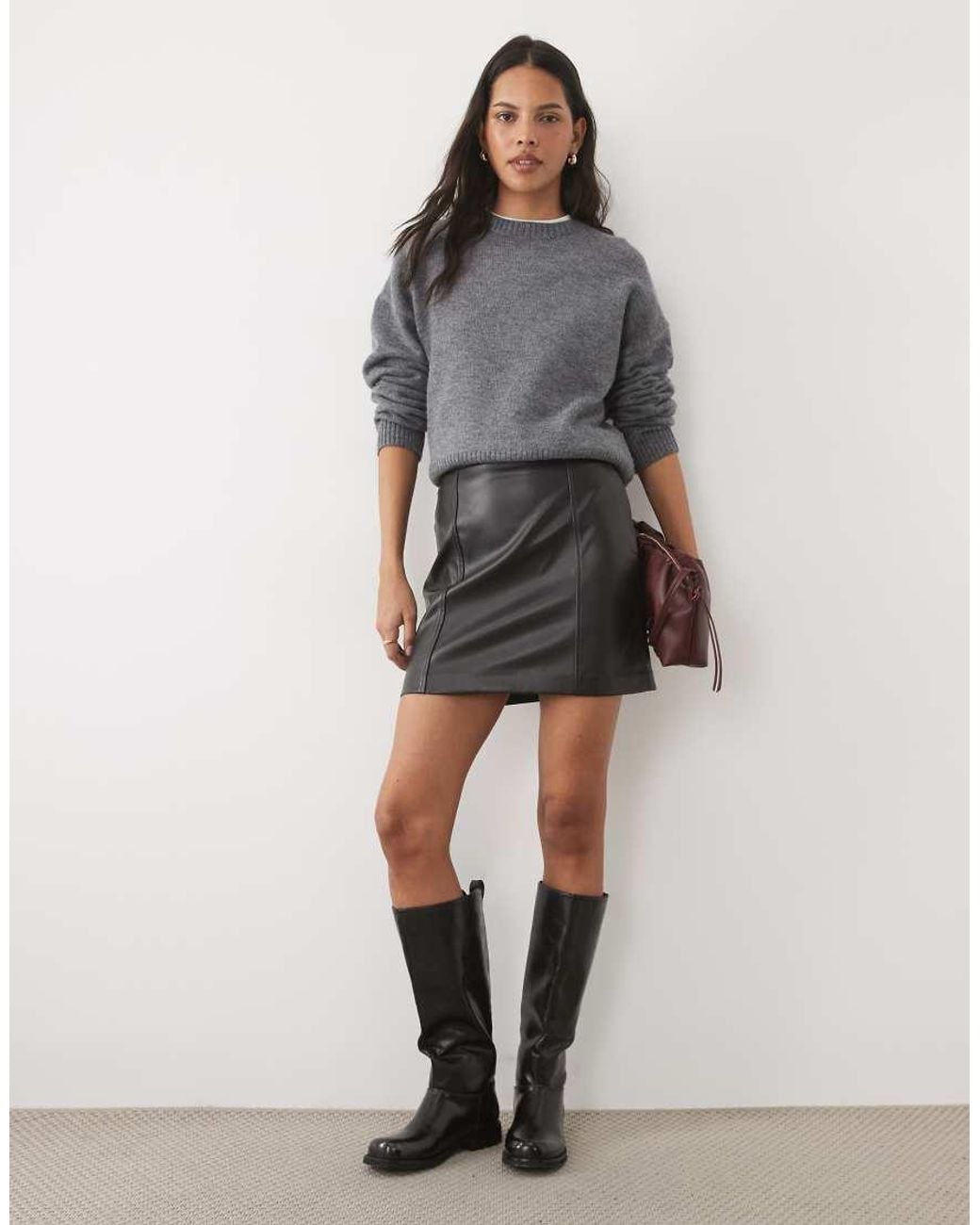 New Look Gray Faux Leather Mini Skirt