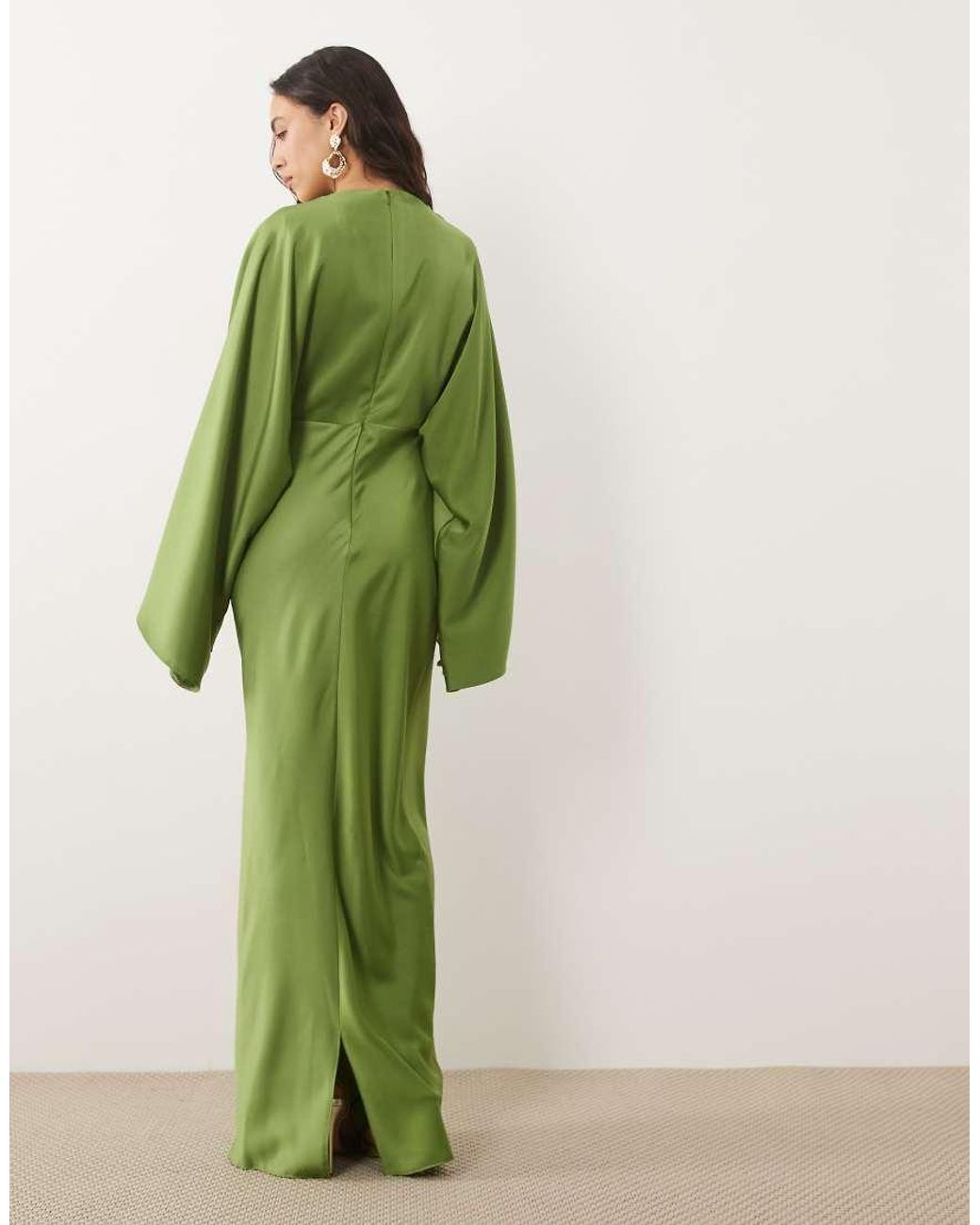 ASOS Green Draped Long Sleeve Cross Front High Neck Satin Maxi Dress