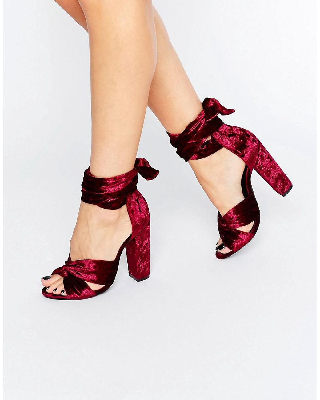 Missguided Velvet Tie Block Heeled Sandals in Red | Lyst