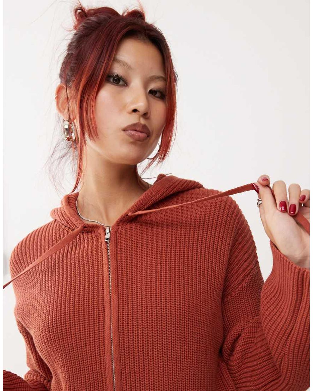 Monki Knitted Rib Hoodie Zip Up Cardigan in Red Lyst UK