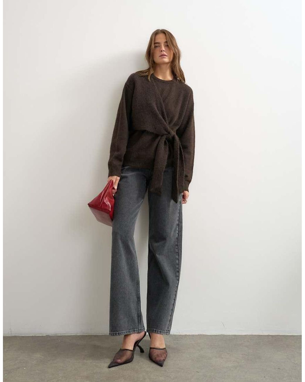 TOPSHOP Black Knitted Front Tie Sweater With Wool And Alpaca