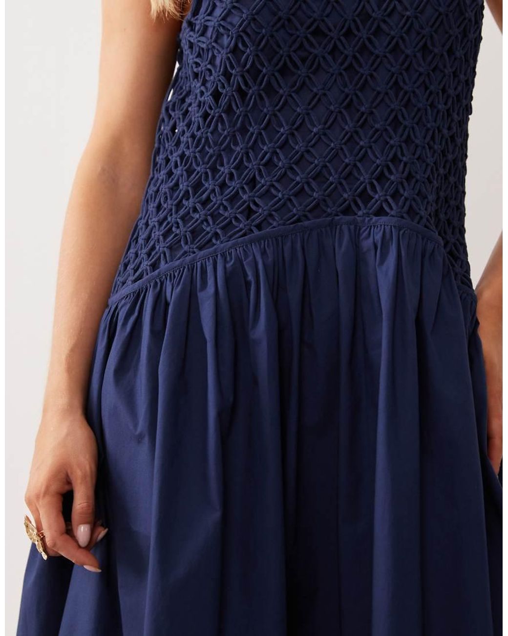 ASOS Blue Asos Design Petite Macrame Dropped Waist Maxi Dress With Poplin Skirt