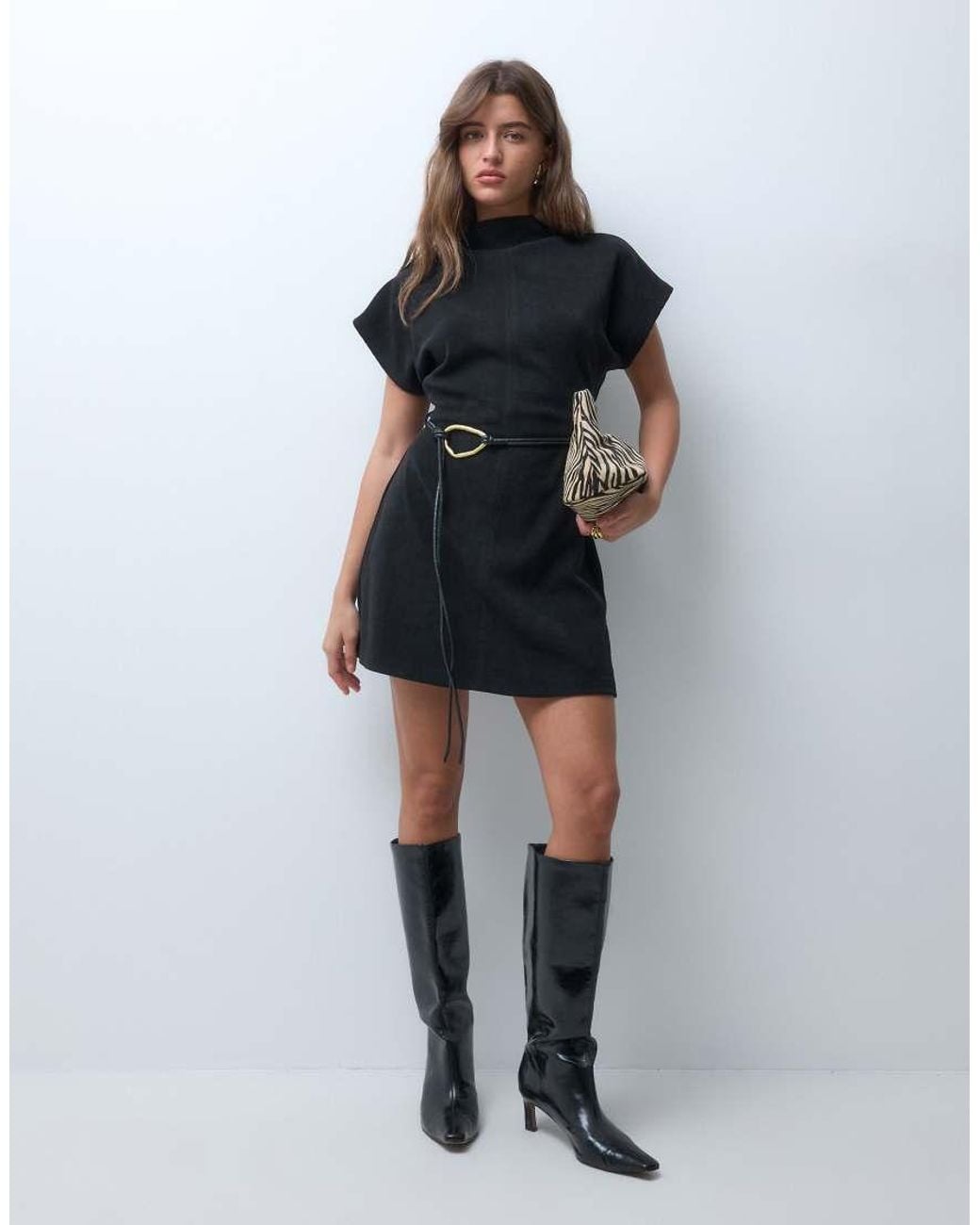 ASOS Black Soft Cord High Neck Belted Mini Dress