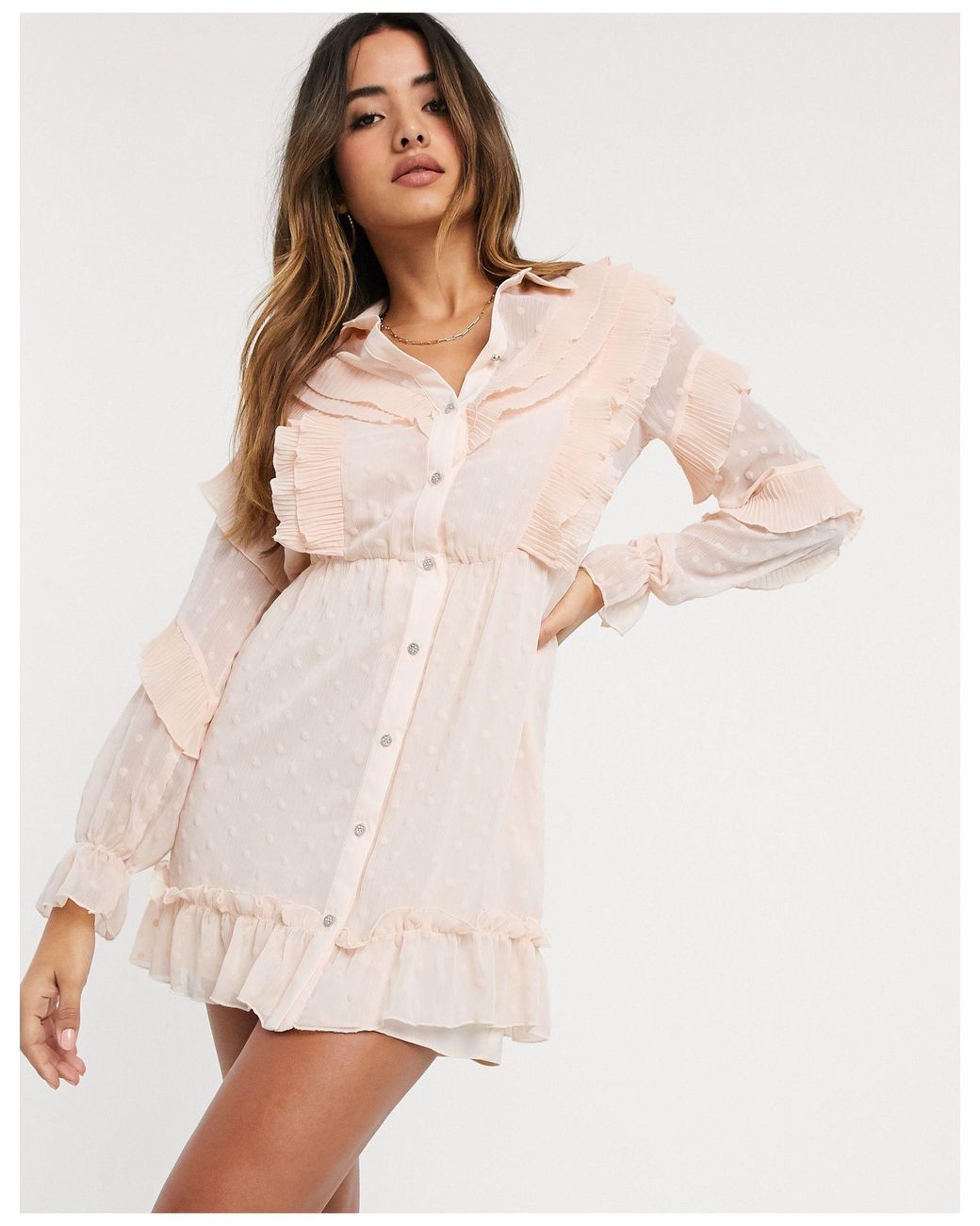 River Island Synthetic Mini Shirt Dress With Ruffle Front in Beige (Natural) - Lyst