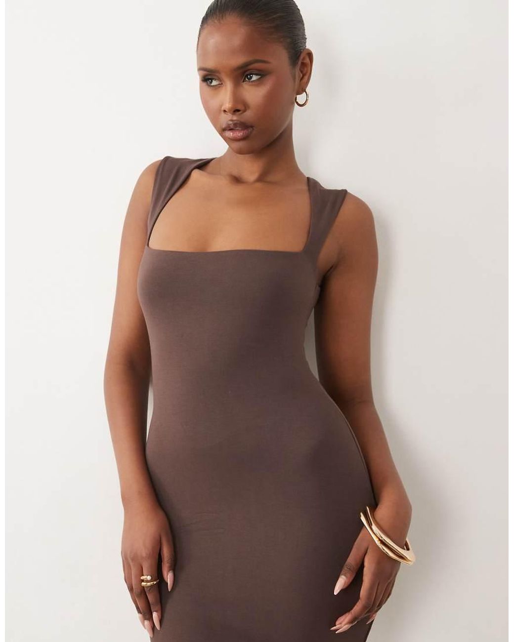 Oh Polly Natural Modal Square Neck Slinky Midi Dress