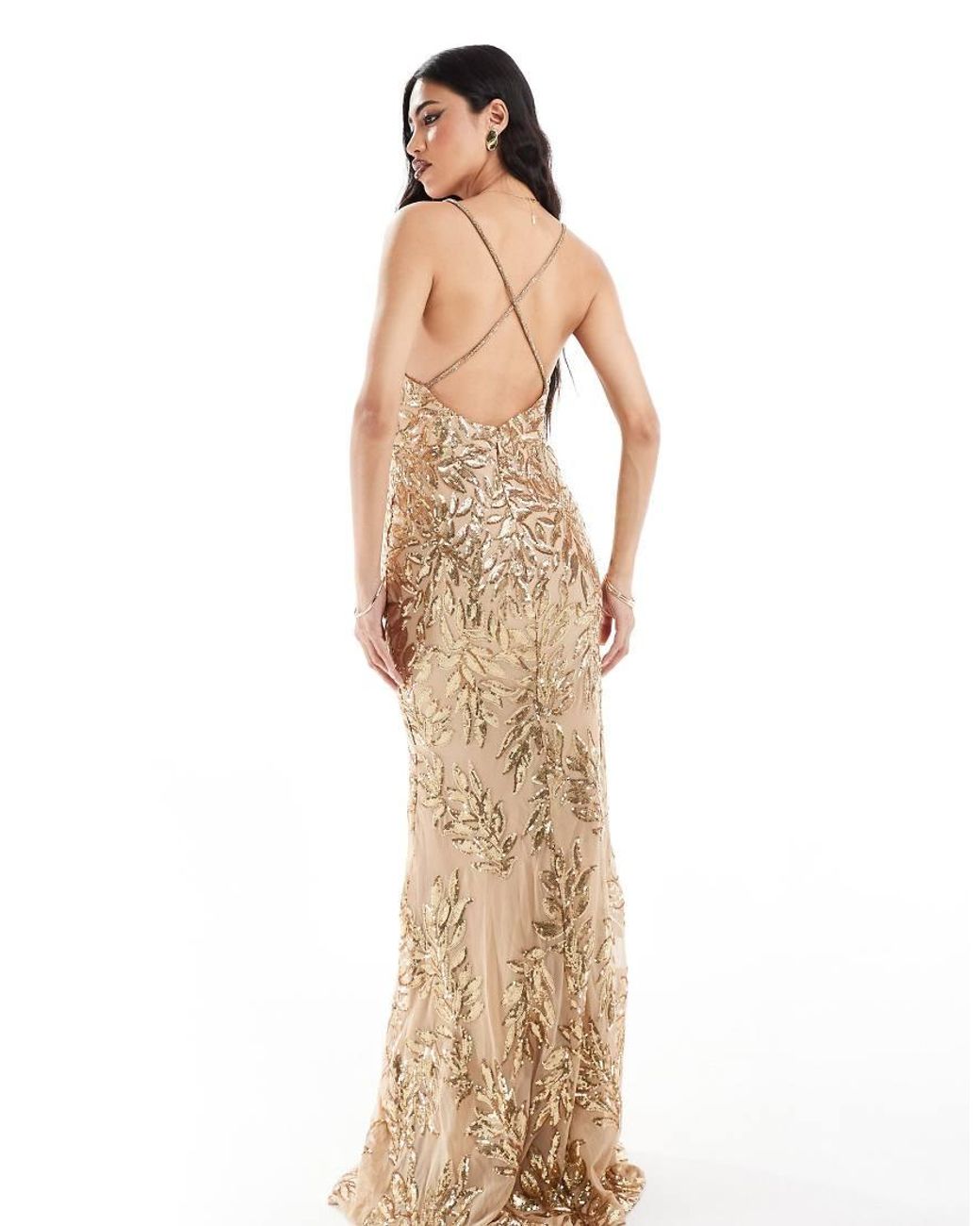 Goddiva Metallic Cross Back Diamante Strap Sequin Maxi