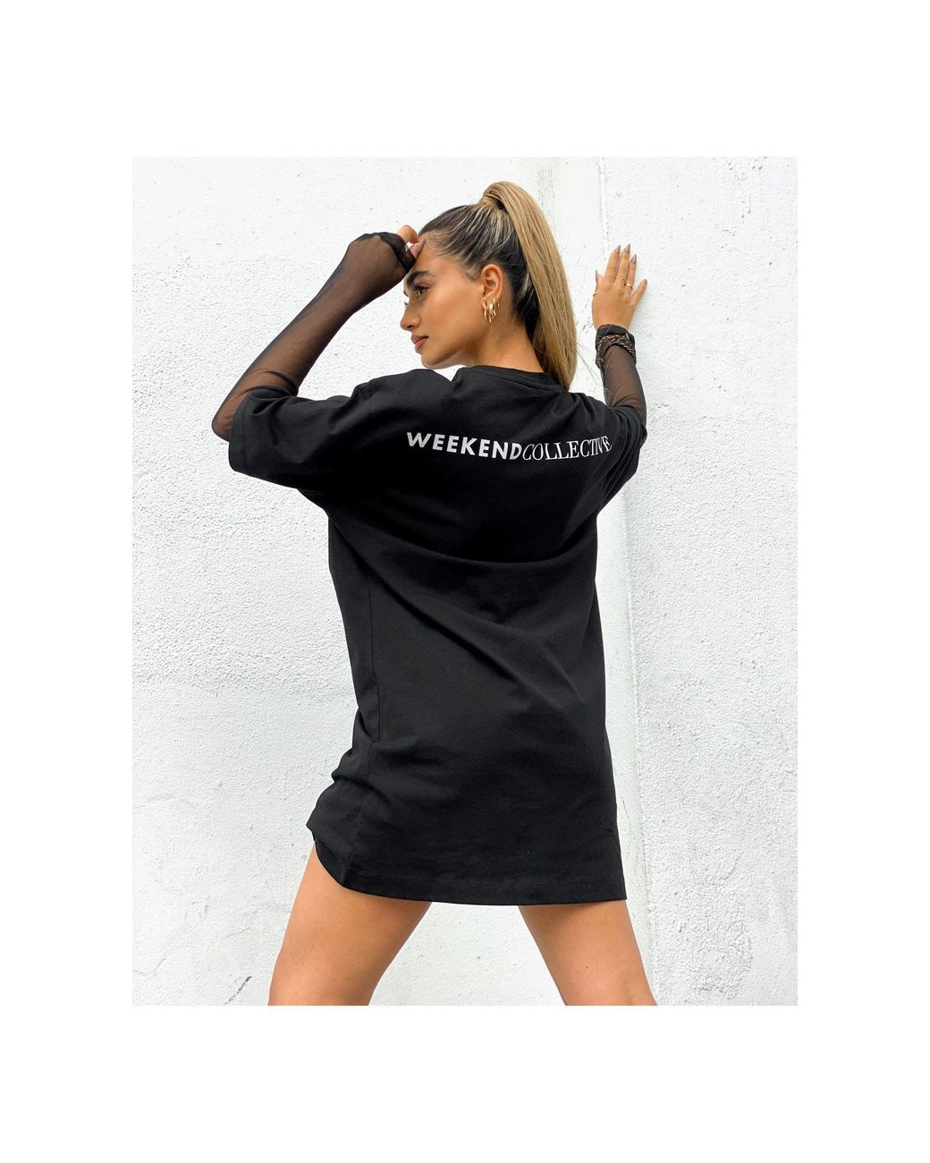Asos weekend collective robe t shirt double epaisseur avec manches en tulle et logo ASOS en coloris Noir Lyst
