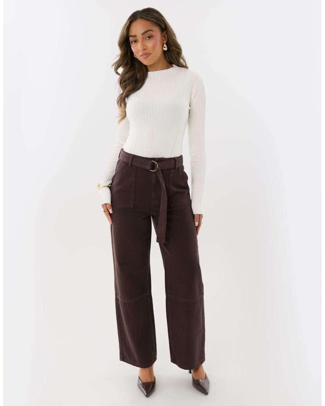 Threadbare Brown High Waisted Cargo Jeans With Belt