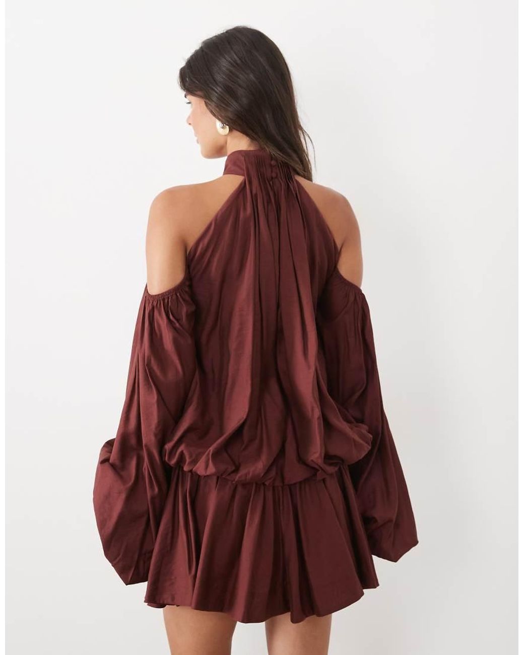 ASOS Red Blouson Cold Shoulder Mini Dress With Flippy Skirt