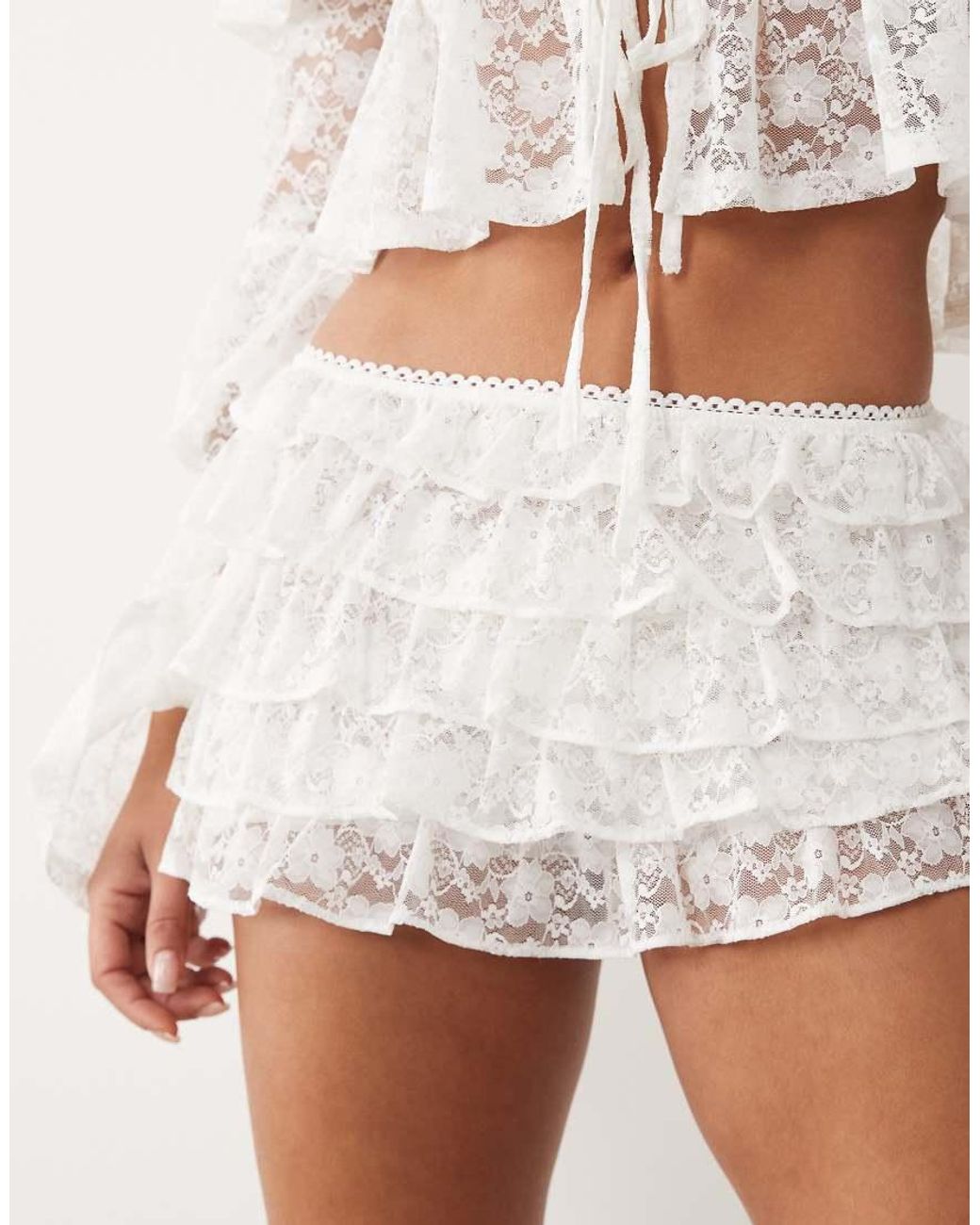 The Frolic White Exclusive Lace Tiered Frill Micro Shorts