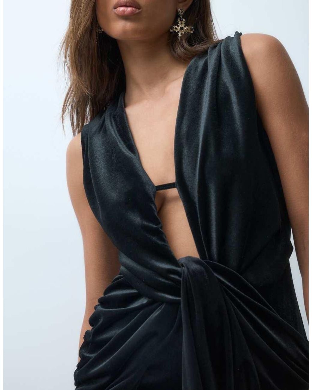 ASOS Black Velvet Plunge Neck Gather Detail Maxi Dress