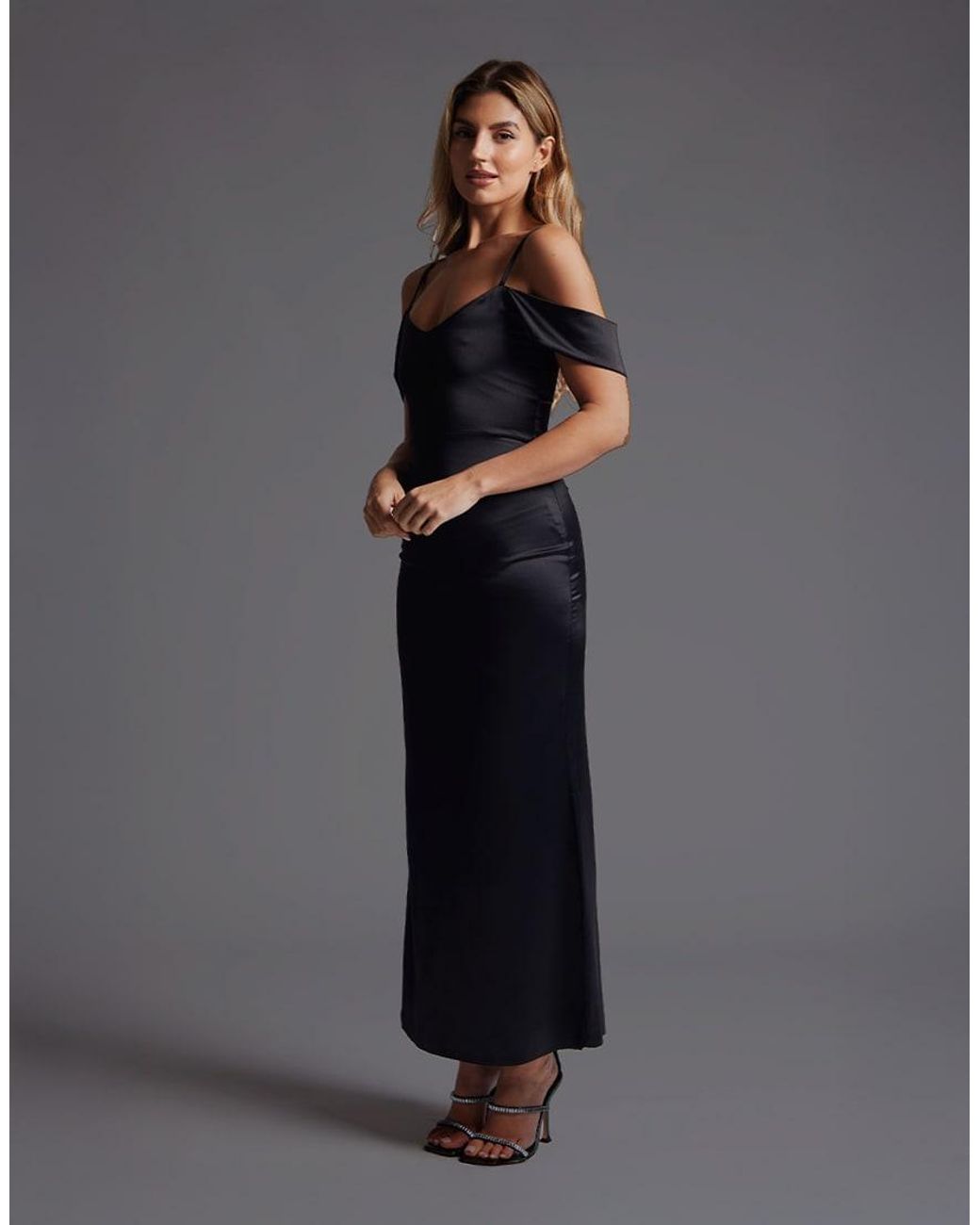 Vesper Black Bardot Satin Maxi Dress