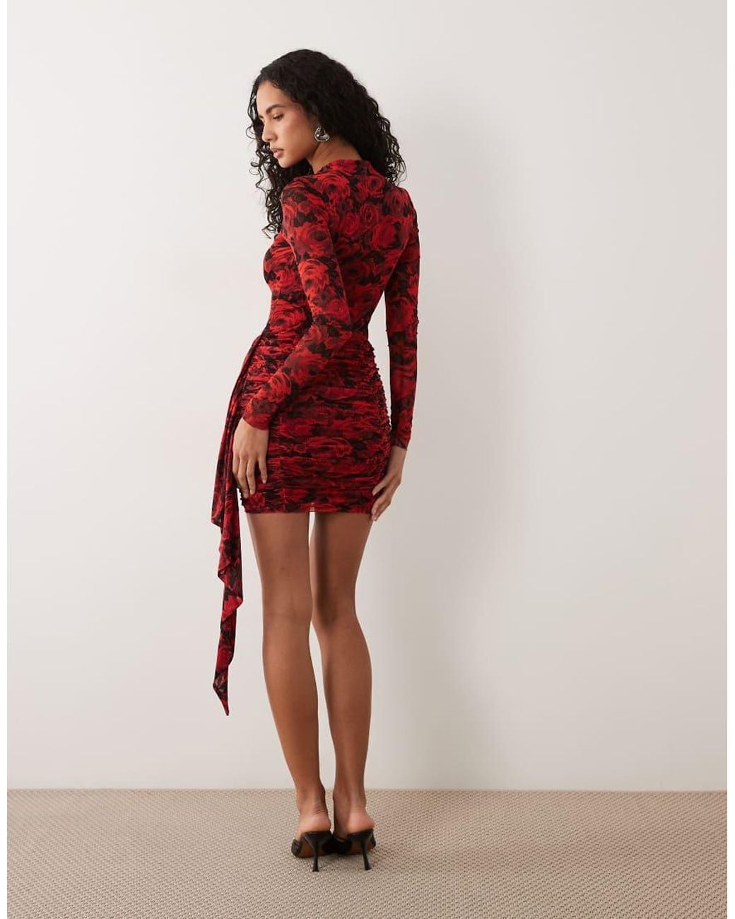 AFRM Red Mesh High Neck Long Sleeve Tie Detail Mini Dress