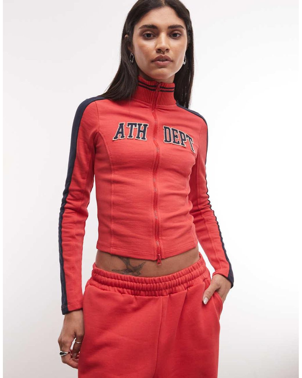 Collusion Red Long Sleeve Track Top With Varsity Embroidery