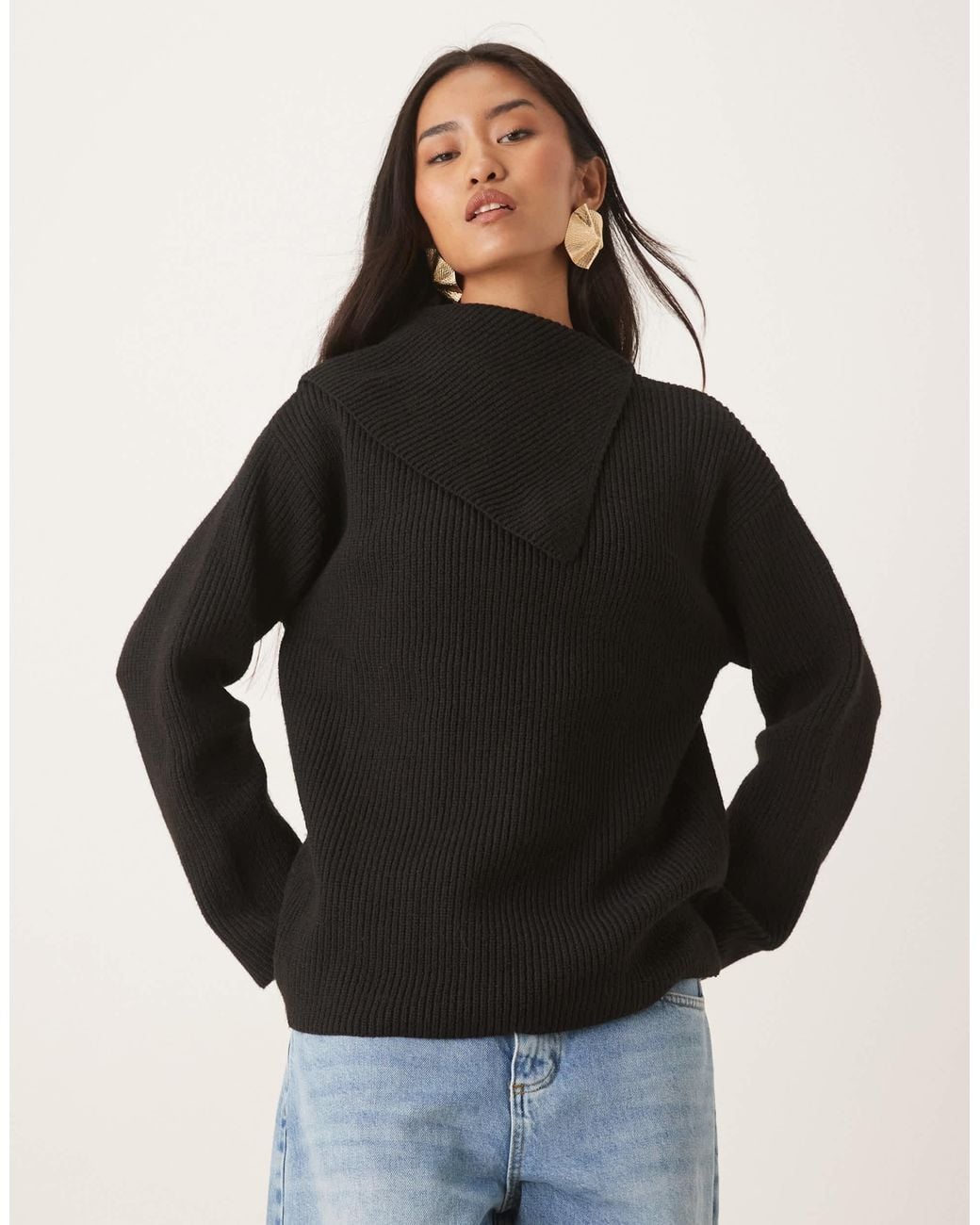 Pretty Lavish Black Split Collar Oversized Knit Jumper