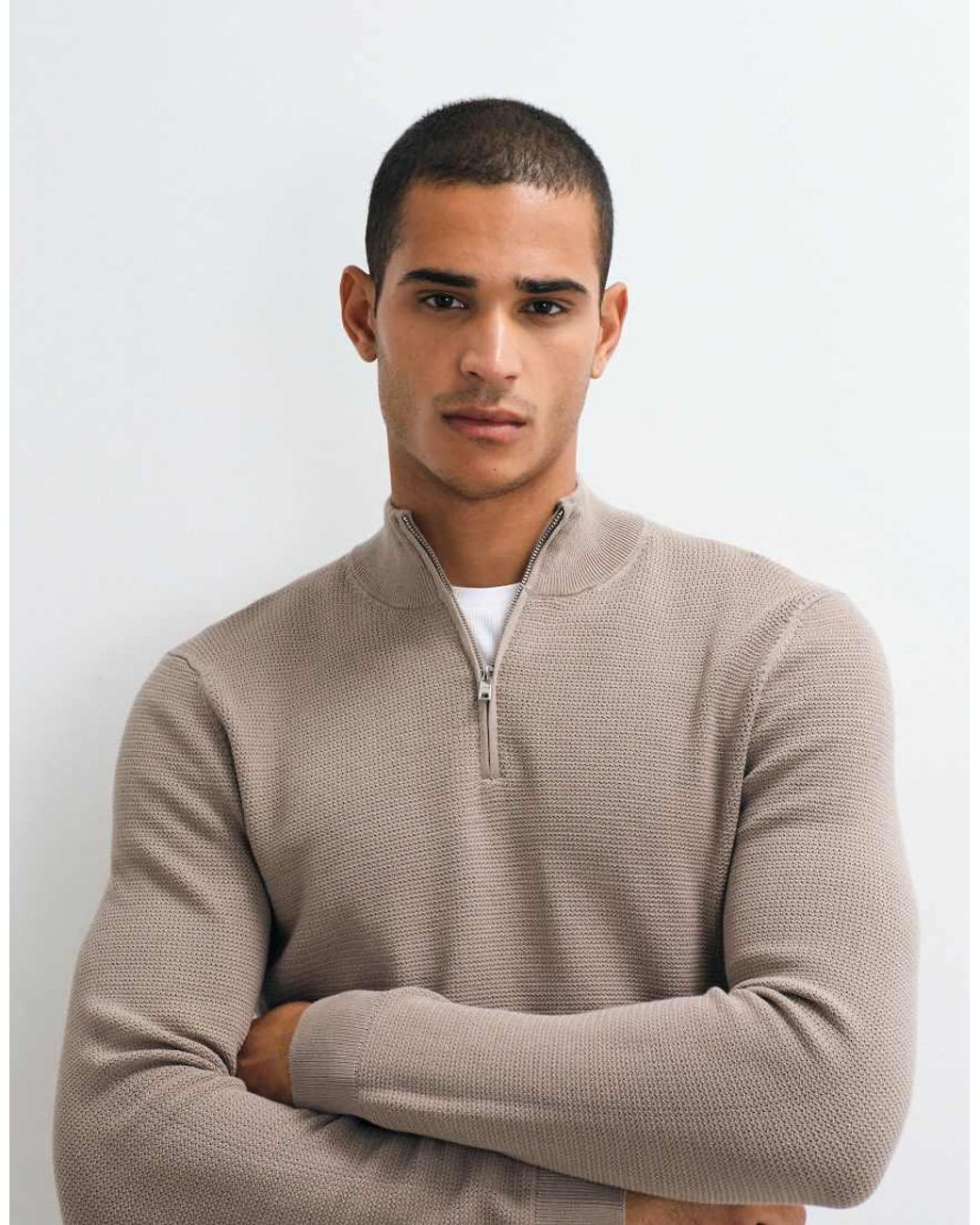 Mango White Quarter Zip Knit Sweater for men
