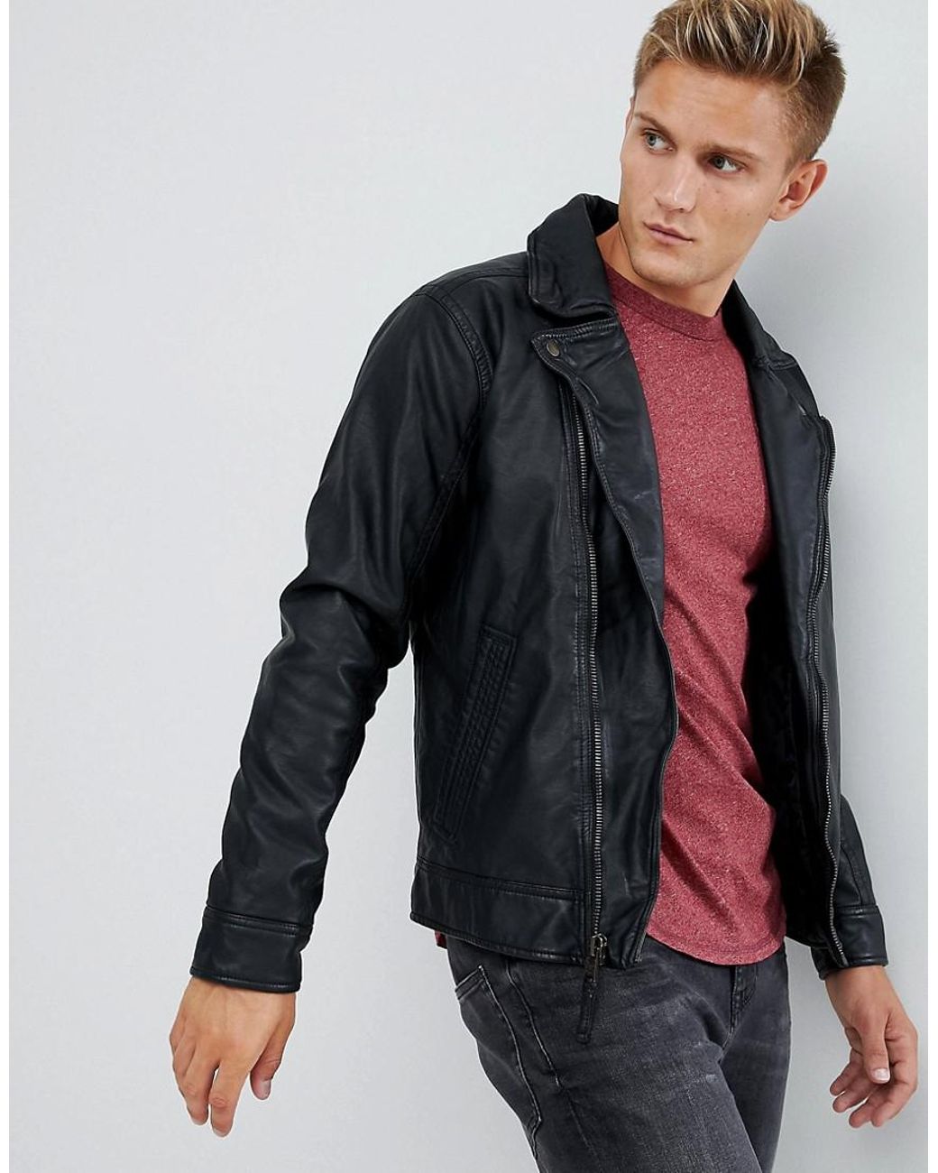 Hollister Faux Leather Biker Jacket In Black for Men | Lyst