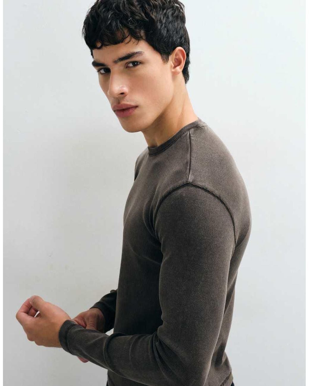 Weekday Gray Slim Fit Rib Long Sleeve T-shirt for men