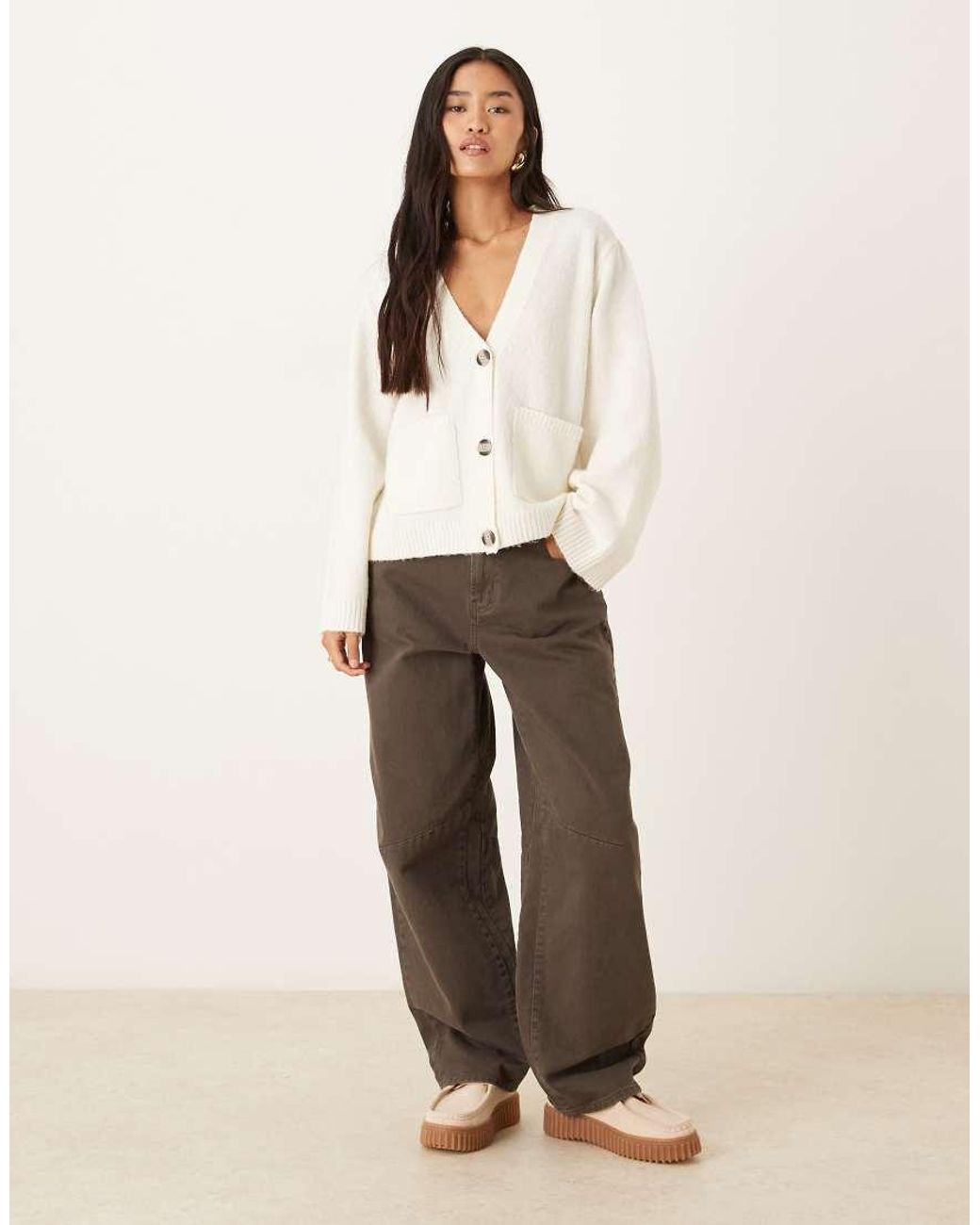 Gina Tricot White Relaxed Knitted Cardigan With Pockets