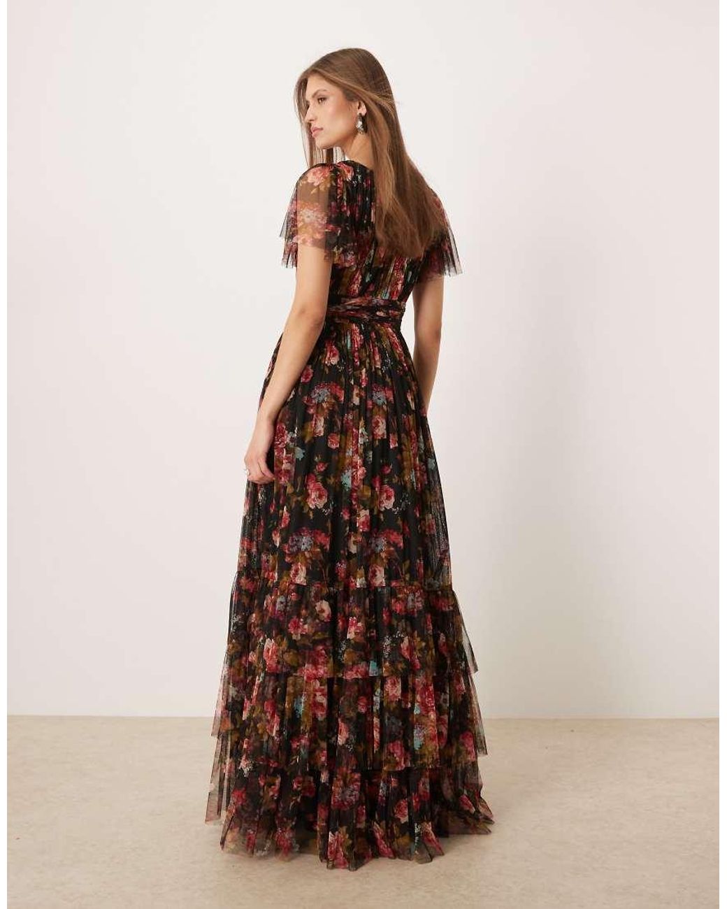 LACE & BEADS Brown Tulle Flutter Sleeve Deep V Maxi Dress