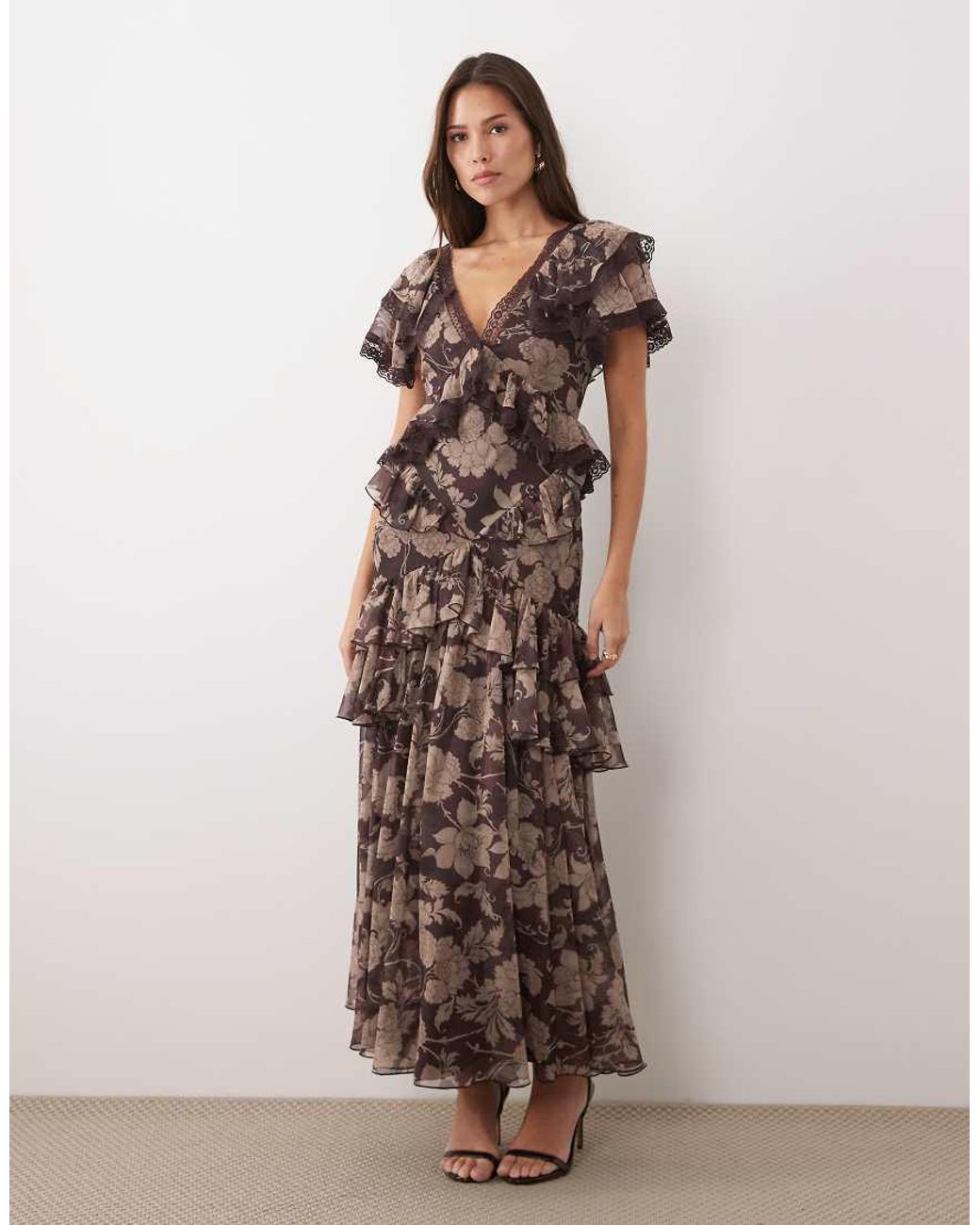 ASOS Natural Full Hem Ruffle Dress With Trim Detail And Open Back