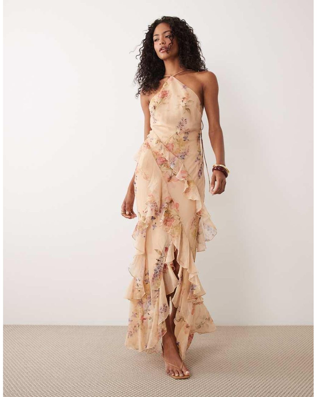 ASOS Natural Bias Cut Maxi Dress With Ruffles And High-low