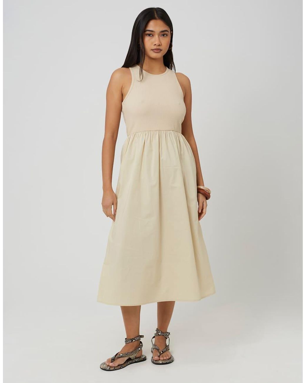 Brave Soul Natural Ribbed Jersey And Poplin Mix Midi Dress