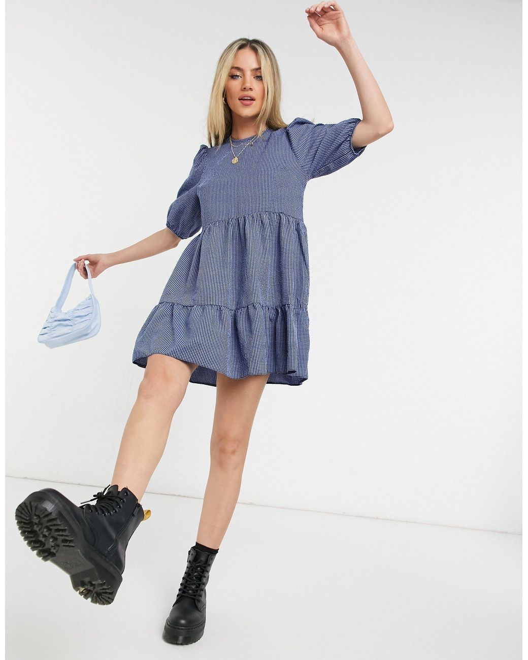 Vestido corto a cuadros azules amplio estilo babydoll con manga abullonada  New Look de color Azul | Lyst