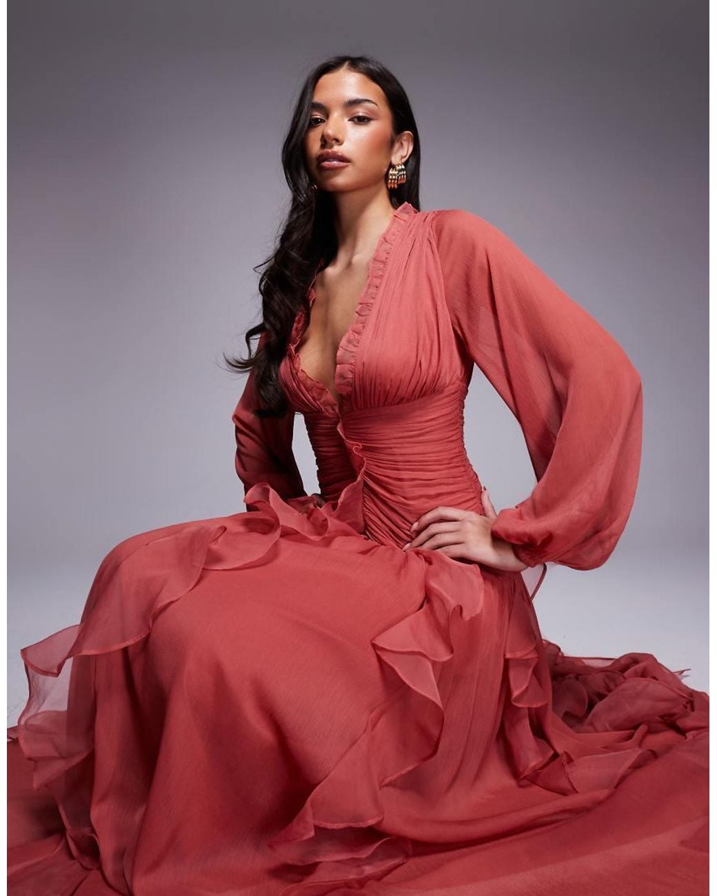 ASOS Ruched Long Sleeve Maxi Dress With Waterfall Detail in Red | Lyst UK