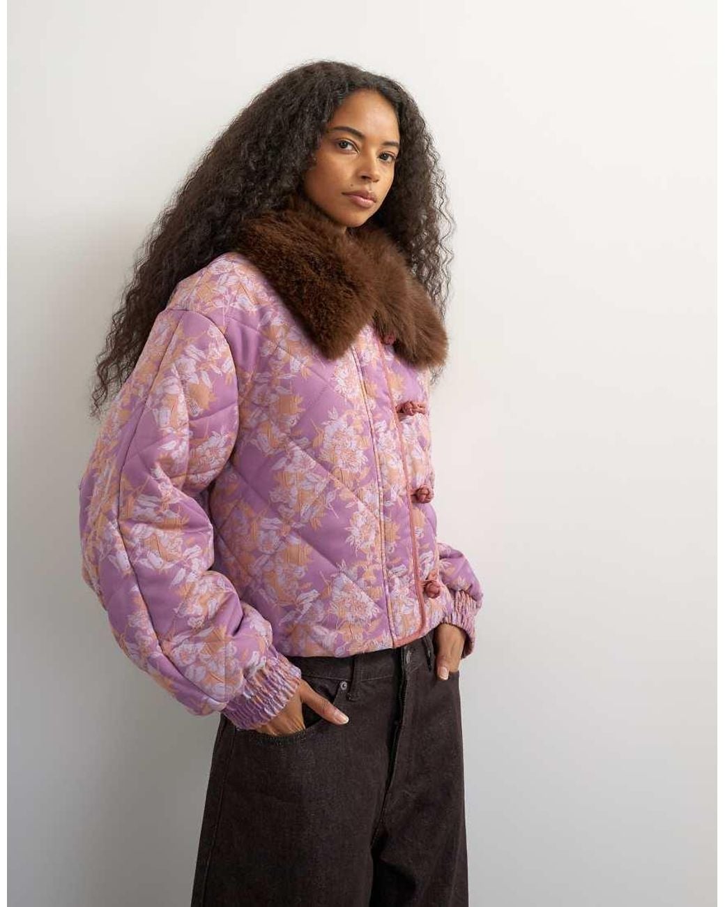 TOPSHOP Pink Printed Fur Collar Jacket