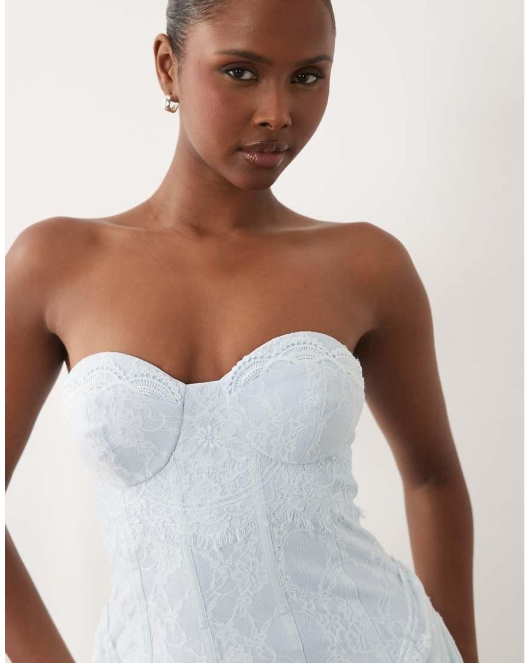 ASOS White Premium Corset Bandeau Lace Maxi Dress With Drape Skirt Overlay