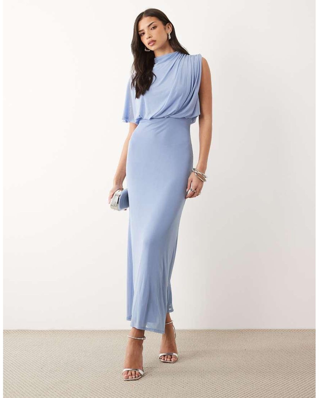 ASOS Blue Mesh Asymmetric Cap Sleeve Blouson Bodice Dress